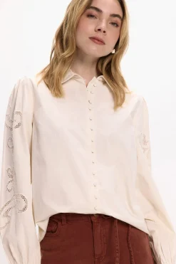 Vila Camisa con calados de algodón orgánico Beige Sale