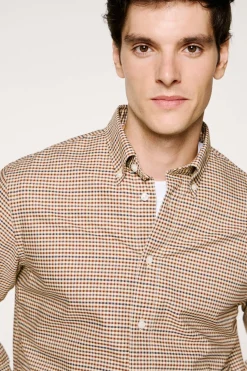 Selected Camisa cuadros 100% algodón Beige New