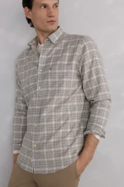 Pedro del Hierro Camisa cuadros franela tejido italiano Beige Online