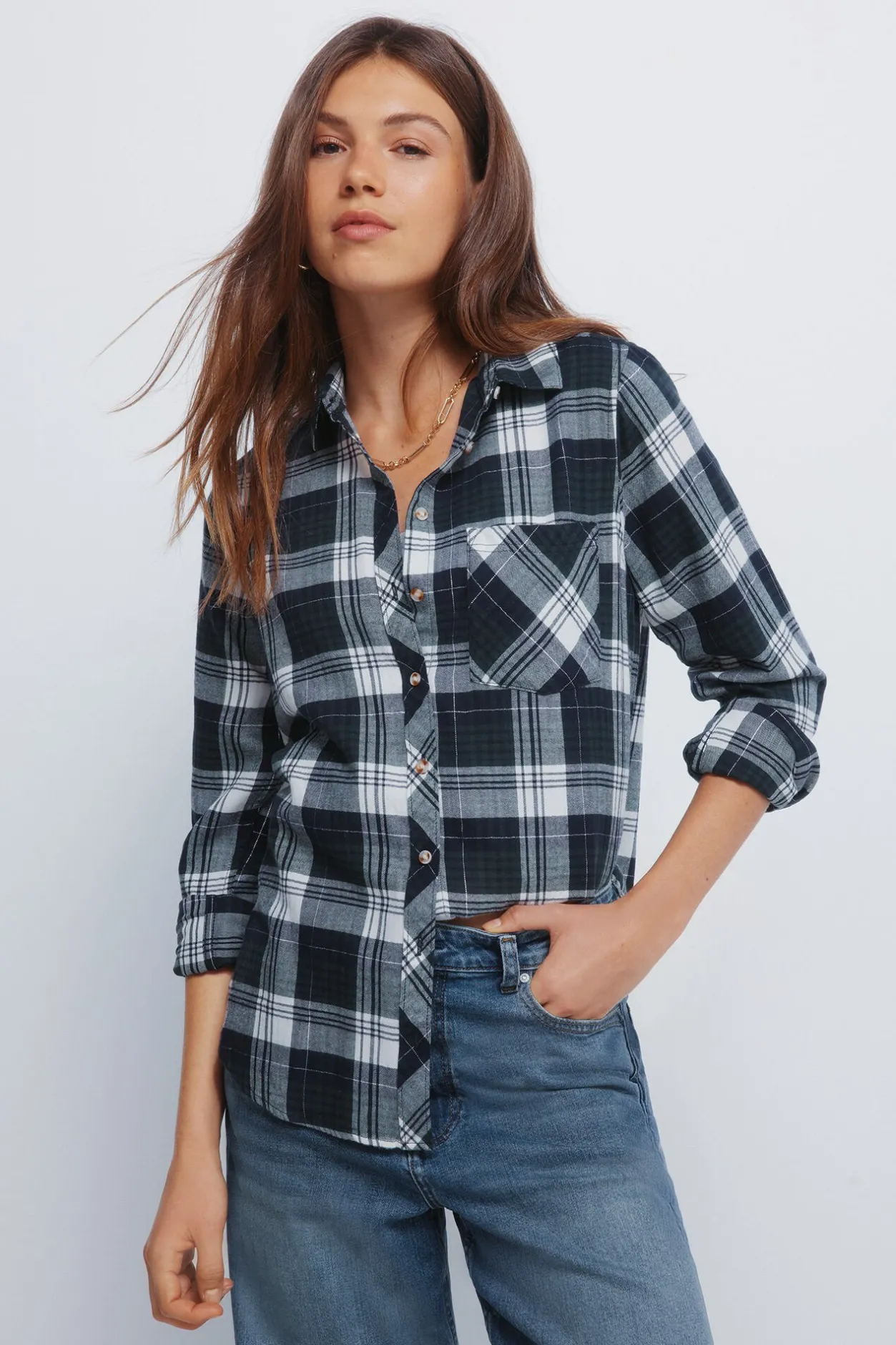 Springfield Camisa cuadros lurex bolsillo verde New