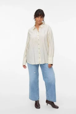 Vero Moda Curve Camisa de algodón de manga larga talla grande Beige Outlet