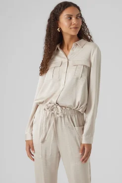 Vero Moda Camisa de manga larga efecto satinado Beige Discount