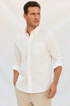 Cortefiel Camisa lino algodón liso Blanco Best