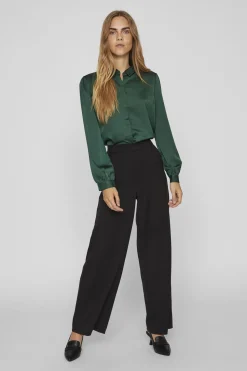 Vila Camisa satinada manga larga Verde oscuro Outlet