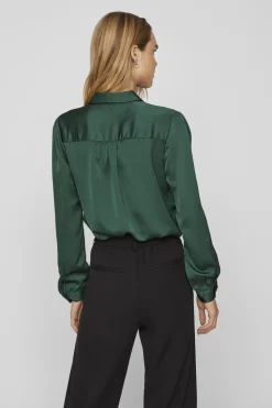 Vila Camisa satinada manga larga Verde oscuro Outlet