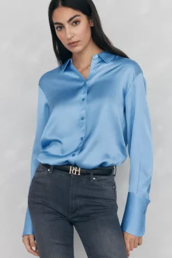 Pedro del Hierro Camisa satén lisa Azul Discount