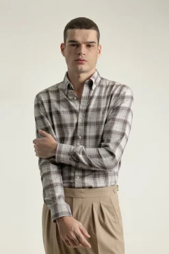 PuroEGO Camisa slim algodón cuadro tartán Marr&oacute;n Hot