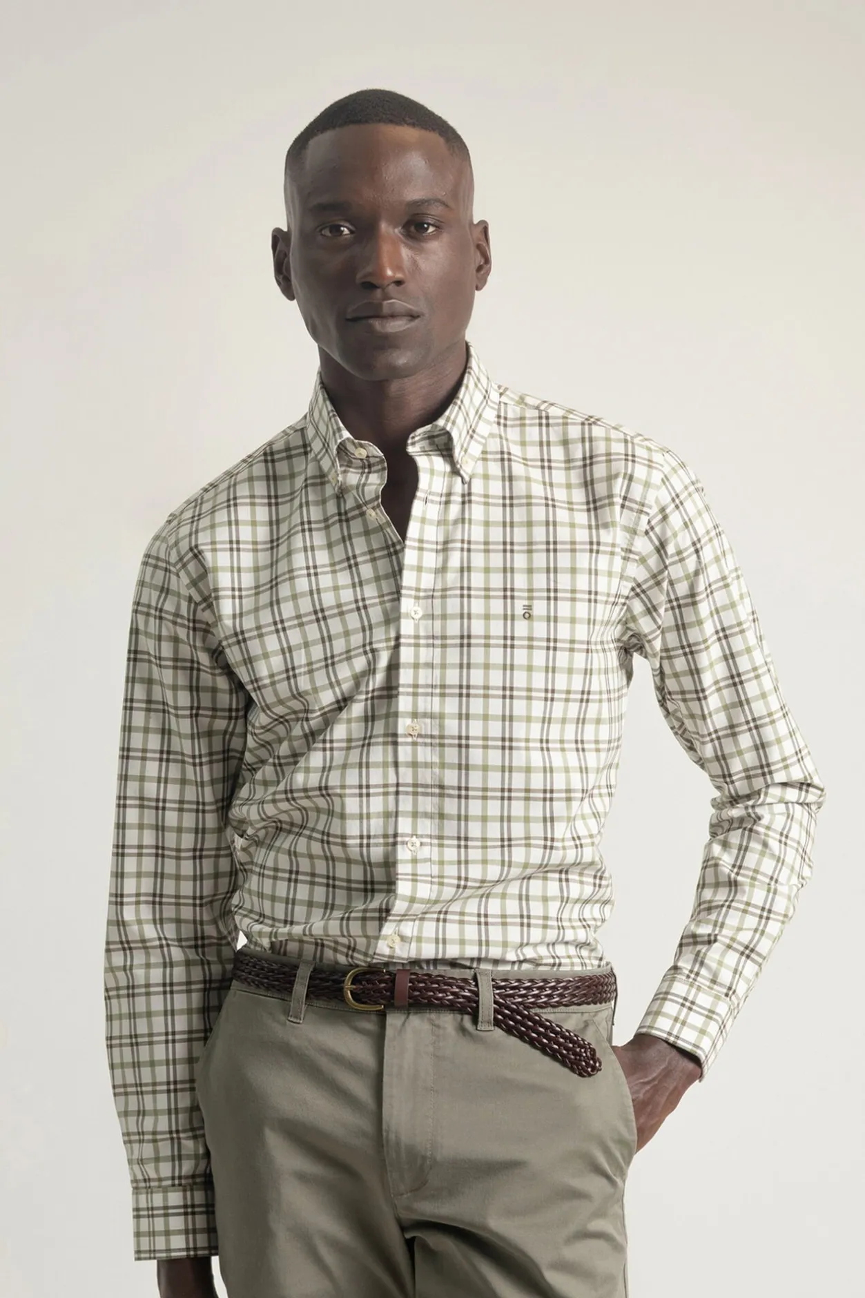 PuroEGO Camisa slim algodón cuadro tartán Verde