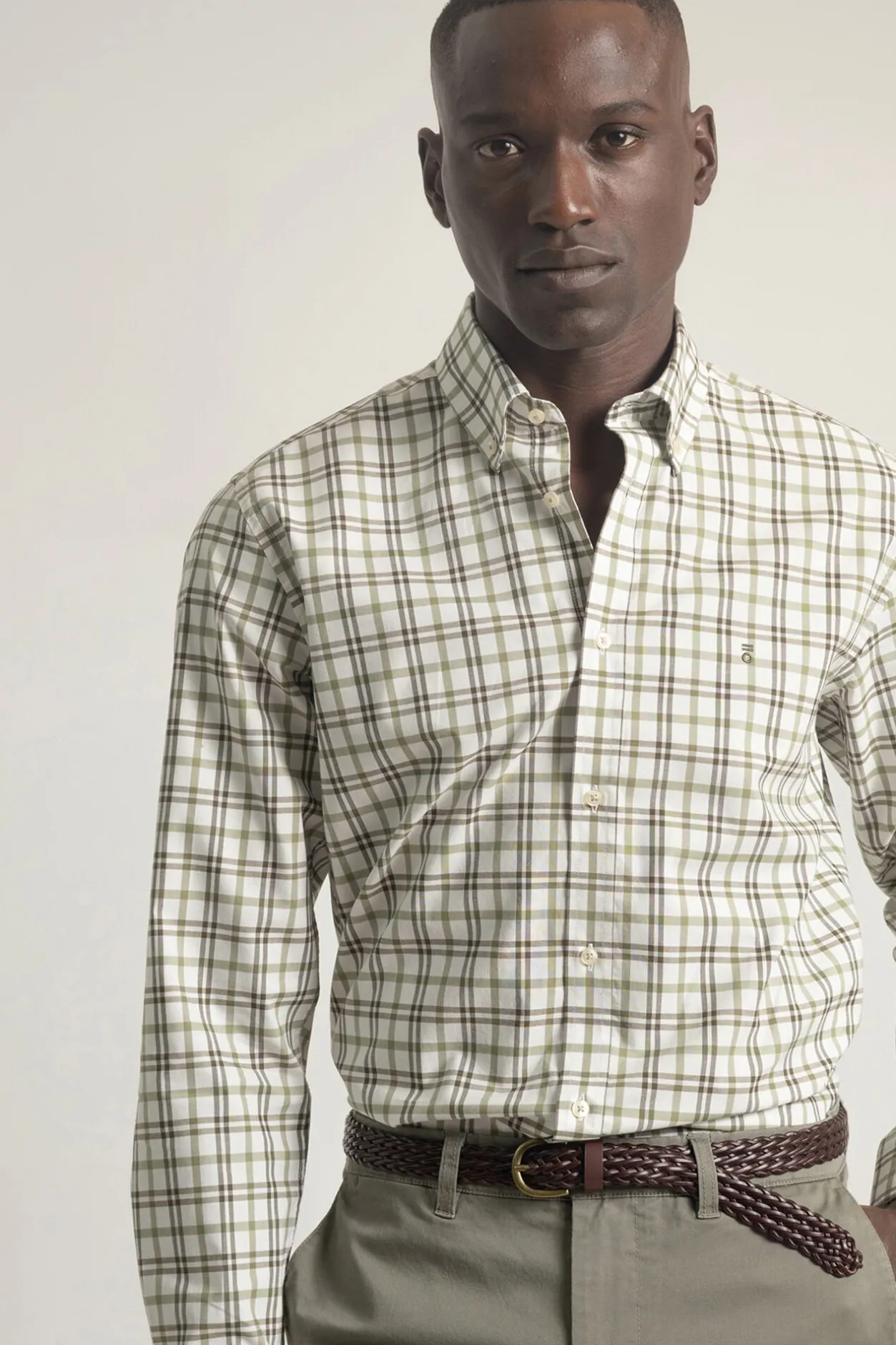 PuroEGO Camisa slim algodón cuadro tartán Verde