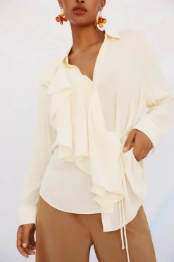 Cortefiel Camisa volante manga larga Blanco Clearance