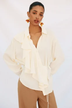 Cortefiel Camisa volante manga larga Blanco Clearance