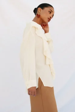 Cortefiel Camisa volante manga larga Blanco Clearance