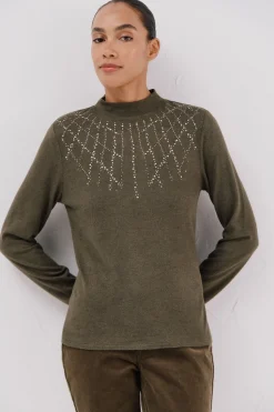 Cortefiel Camiseta con detalle strass Verde Clearance