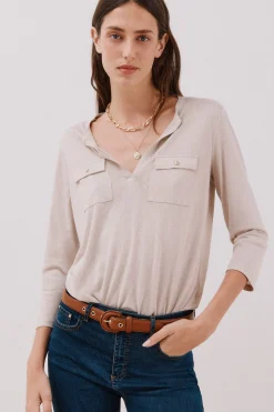 Cortefiel Camiseta cuello mao efecto lino Beige New