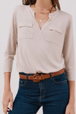 Cortefiel Camiseta cuello mao efecto lino Beige New