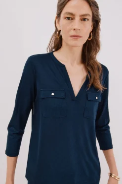 Cortefiel Camiseta cuello mao efecto lino Azul marino Best