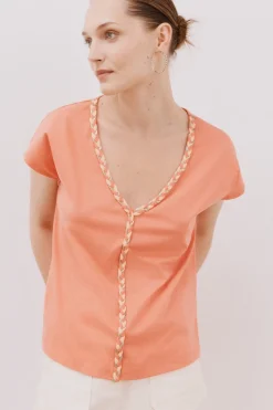 Cortefiel Camiseta cuello pico trenza Coral