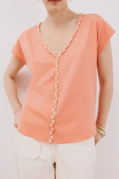 Cortefiel Camiseta cuello pico trenza Coral