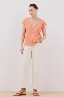 Cortefiel Camiseta cuello pico trenza Coral