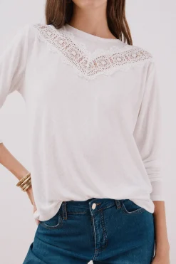 Cortefiel Camiseta detalle encaje floral Blanco Sale