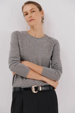 Cortefiel Camiseta detalle perlas y strass Gris Clearance