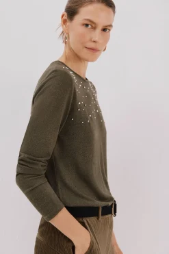 Cortefiel Camiseta detalle perlas y strass Kaki New