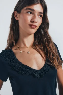 Springfield Camiseta escote crochet negro