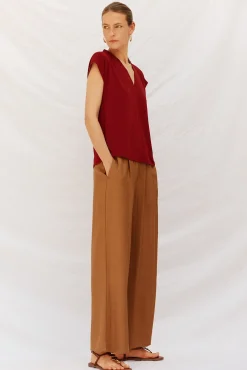 Cortefiel Camiseta estamapda escote pico fruncido Granate Discount