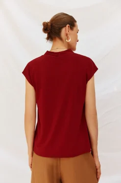 Cortefiel Camiseta estamapda escote pico fruncido Granate Discount