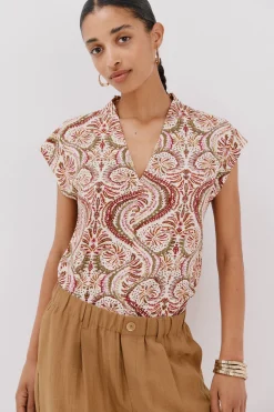 Cortefiel Camiseta estamapda escote pico fruncido Multicolor New