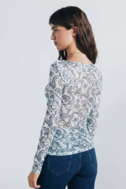 Springfield Camiseta gasa escote frunces estampada blanco Discount