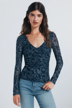 Springfield Camiseta gasa escote frunces estampada azul Outlet