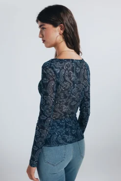 Springfield Camiseta gasa escote frunces estampada azul Outlet