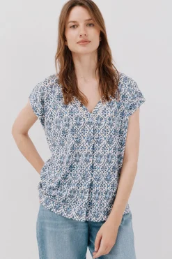 Cortefiel Camiseta pico con detalle puntilla Estampado azul Online