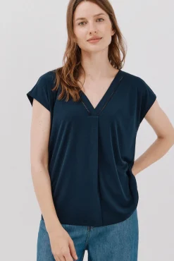 Cortefiel Camiseta pico con detalle puntilla Azul marino Clearance