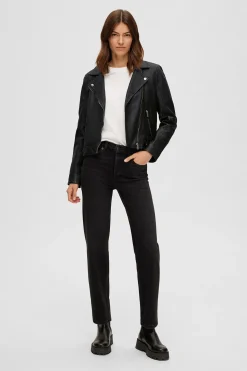 Selected Cazadora Biker Cropped 100% piel. Negro Discount