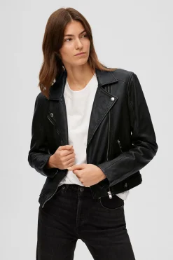 Selected Cazadora Biker Cropped 100% piel. Negro Discount