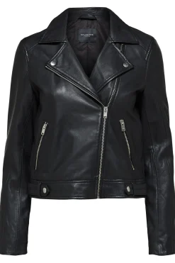 Selected Cazadora Biker Cropped 100% piel. Negro Discount