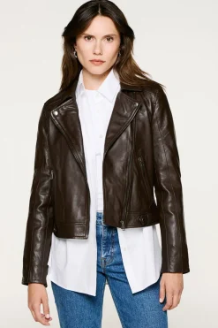 Selected Cazadora Biker Cropped 100% piel Marr&oacute;n oscuro Sale