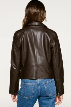 Selected Cazadora Biker Cropped 100% piel Marr&oacute;n oscuro Sale