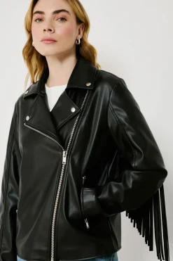 Vila Cazadora biker de polipiel con flecos Negro Sale