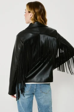 Vila Cazadora biker de polipiel con flecos Negro Sale