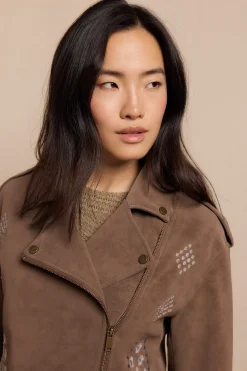 Slowlove Cazadora biker efecto piel bordada Beige Hot