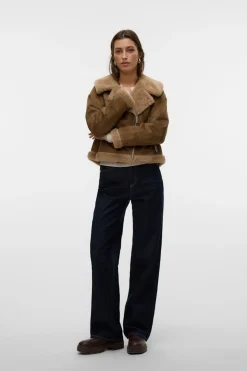 Vero Moda Cazadora de mujer de terciopelo con cremallera Marrón