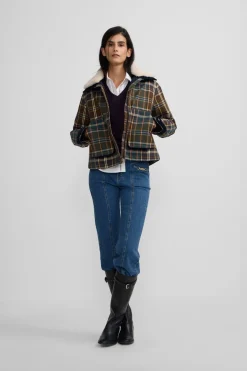 Silbon Cazadora encerada borrego cuadros Estampado verde Sale