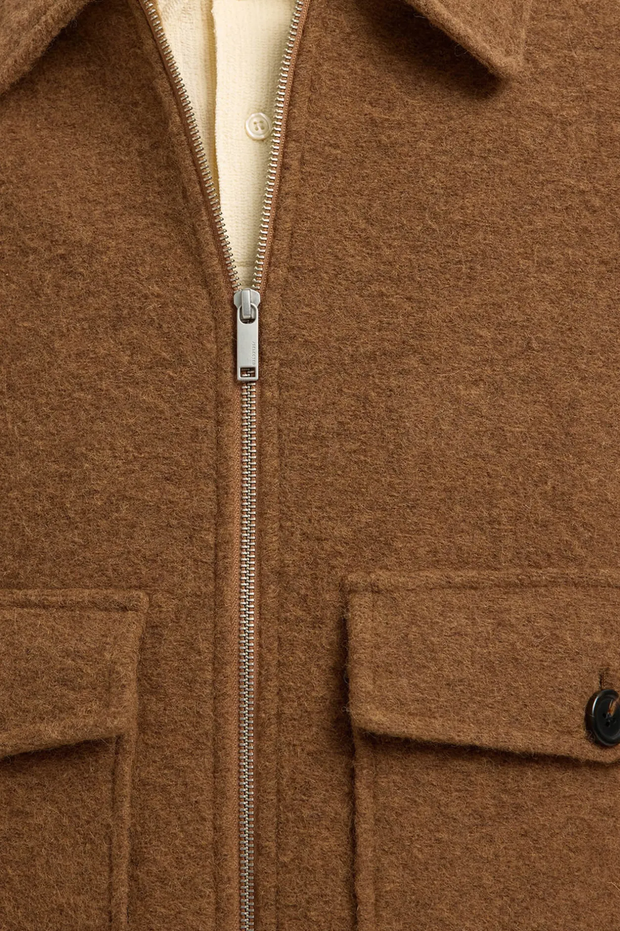 Selected Cazadora lana corta con cremallera Marr&oacute;n oscuro Clearance