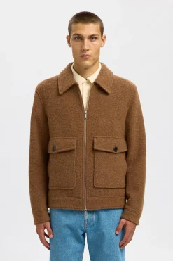 Selected Cazadora lana corta con cremallera Marr&oacute;n oscuro Clearance