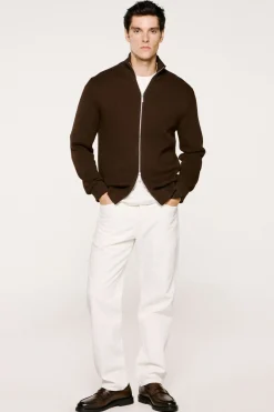Selected Cazadora punto cremallera 100% algodón orgánico Marr&oacute;n Best