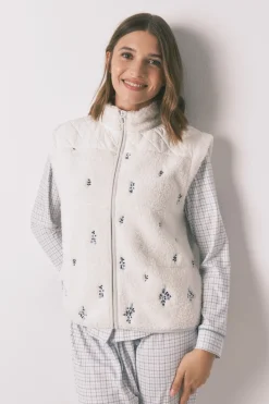 Women'secret Chaleco corto borreguito bordado blanco