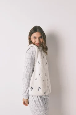 Women'secret Chaleco corto borreguito bordado blanco